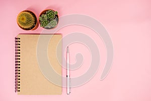 top view business background workspace with cactus, pen and blank notebook on pink table. image for education, desktop, copy