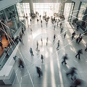 Top view of a business center, blur, many people moving in different directions