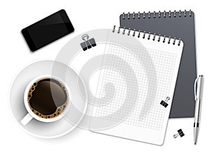 Top view business coffee break with notepad, phone and cup of coffee. Workspace vector background