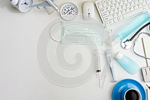 Top view of Business objects with Medical equipment and Covid-19 virus prevention equipment