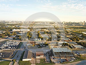 Top view business park and industrial zone west of downtown Dallas with Margaret Hunt Hill Bridge in background