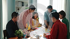 Top view of business people writing mind map while brainstorm idea. Convocation.