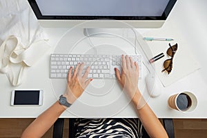 Top view of business woman in minimalistic office. Office life f