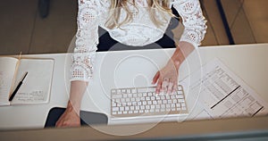 Top view, business and woman typing, hands and search internet with ideas, planning and keyboard. Closeup, female person