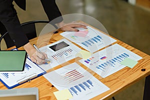 Top view of businesswoman checking financial report, managing financial plan