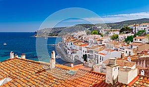 Top view in Cadaques, Catalonia, Spain near of Barcelona. Scenic old town with nice beach and clear blue water in bay. Famous