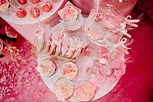 top view. candy bar for the girl's birthday party. pink decor.