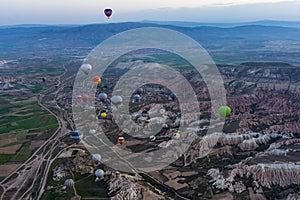 Top view of Cappadocia and its hot air balloons