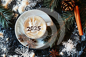 Top view on cappuccino cup with 2025 lettering written with cinnamon spice photo