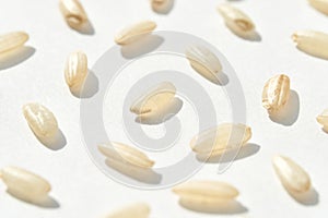 A top view captures the raw beauty of white basmati and brown rice grains. Macro