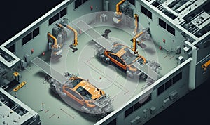 Top View Car Factory with Automated Robot Arm Assembly Line Manufacturing