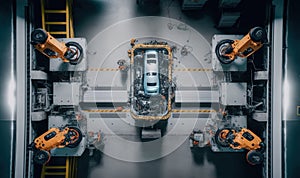 Top View Car Factory with Automated Robot Arm Assembly Line Manufacturing