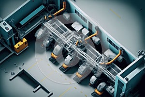 Top View Car Factory with Automated Robot Arm Assembly Line Manufacturing