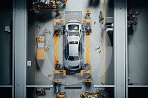 Top View Car Factory with Automated Robot Arm Assembly Line Manufacturing