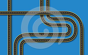 Top view of car roads interchanges with dashed road lines and checkered finish, set on a bright blue background. Perfect for