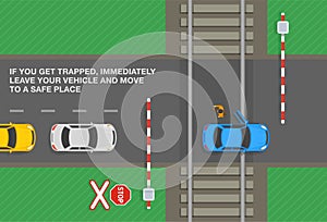 Top view of a car stuck on railway tracks. If you trapped on level crossing, immediately leave your vehicle, move to a safe place.