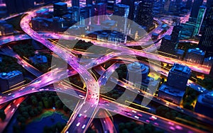 Top view of car traffic on multi-lane highways or expressways.