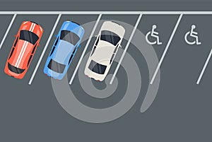 Top view of car vehicle in parking. Parking in city. Parking zone with place for disable.