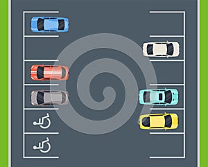 Top view of car vehicle in parking. Parking in city. Parking zone with place for disable.