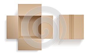 Top view cardboard box. Closed and open beige boxes inside and top view, brown pack mockup, delivery service and