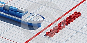 Top view of cargo ship with containers and restriction line, sanctions