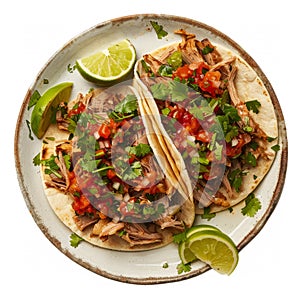 top view of carnitas tacos, featuring slow-cooked pork, salsa, cilantro, and lime wedges, served on corn tortillas.