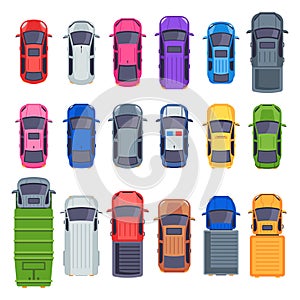 Top view cars. Auto transport, truck and car roof. City traffic vector flat isolated illustration set