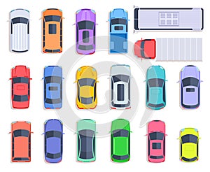 Top view cars. Auto transport, truck and car roof of vehicle transport. City traffic, automobile transportation flat