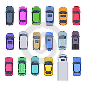 Top view cars. Flat creative car, isolated truck and autos. City transportation elements, lorry and vehicle. Diverse