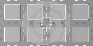 Top view of cartoon city isometric blocks map. Suburb downtown, banner. 3d illustration