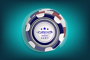 Top view of Casino black and white chips on blue background. Online casino chip game on blue table gambling 3d vector