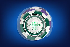 Top view of Casino black and white chips on blue background. Online casino chip game on blue table gambling 3d vector