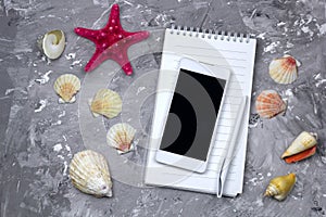 Top view cell phone andsea shells