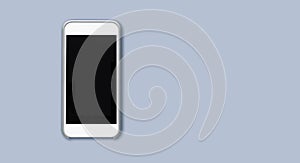 Top view of cell phone with black screen isolated on gray background with ample copytext space