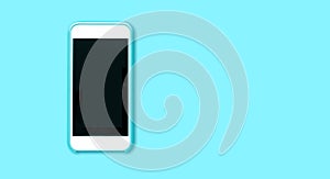 Top view of cell phone with black screen isolated on turquoise background with wide copytext space