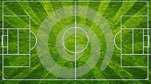 A top view of the center of a soccer pitch from a realistic perspective. White lines and circles are drawn on green