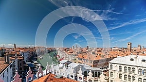 Top view on central busy canal in Venice timelapse, on both sides masterpieces of Venetian architecture