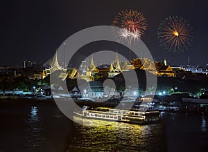 Top view of Chao Phraya River Cruise Boat with The Grand Palace and The Emerald Buddha Temple, Chakri Maha Prasat Throne Hall in