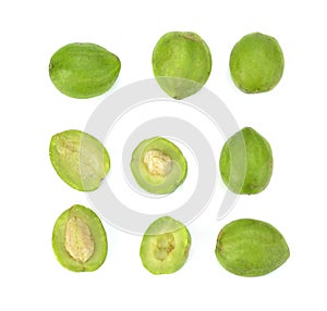 Top view of Chebulic Myrobalans, Myrolan Wood Terminalia chebula Retz. Fruit, medicinal properties. on white background