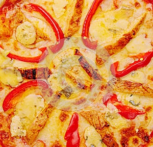 A top view of cheesy chicken pizza with sliced red bell pepper