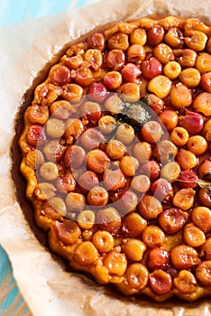 Top view of cherry tarte tatin