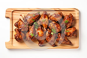 Top View, Chicken Adobo On A Wooden Boardon White Background