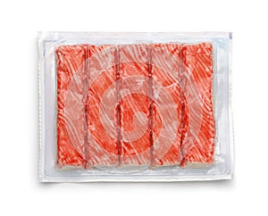 Top view of chilled crab sticks in plastic packaging