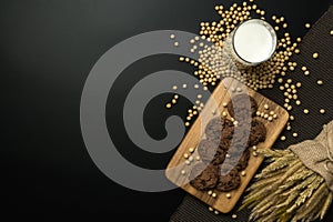 Top view of the chocolate chip cookies on the wooden tray