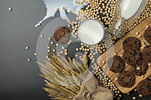 Top view of the chocolate chip cookies on the wooden tray