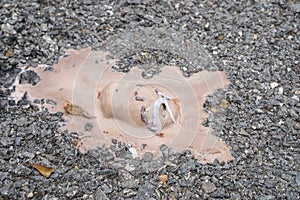 Top view chocolate ice cream dropped melt on ground.