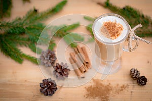 Top view Chocolate Martini Cocktail or eggnog with cinnamon and chocolate in glass for Christmas on background