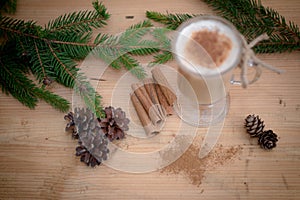 Top view Chocolate Martini Cocktail or eggnog with cinnamon and chocolate in glass for Christmas on background