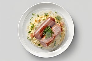 Top View Choucroute Garnie On White Round Plate On White Background. Generative AI photo