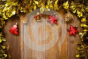 Top view, Christmas Border- Christmas decoration on old wood